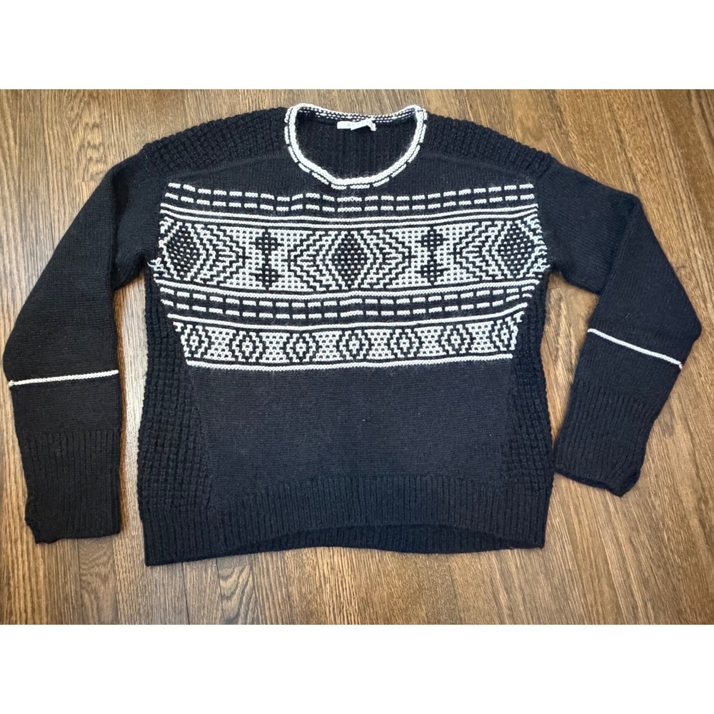 Duffy Merino Wool Mohair Geometric Intarsia Waffle Knit Sweater Black Small